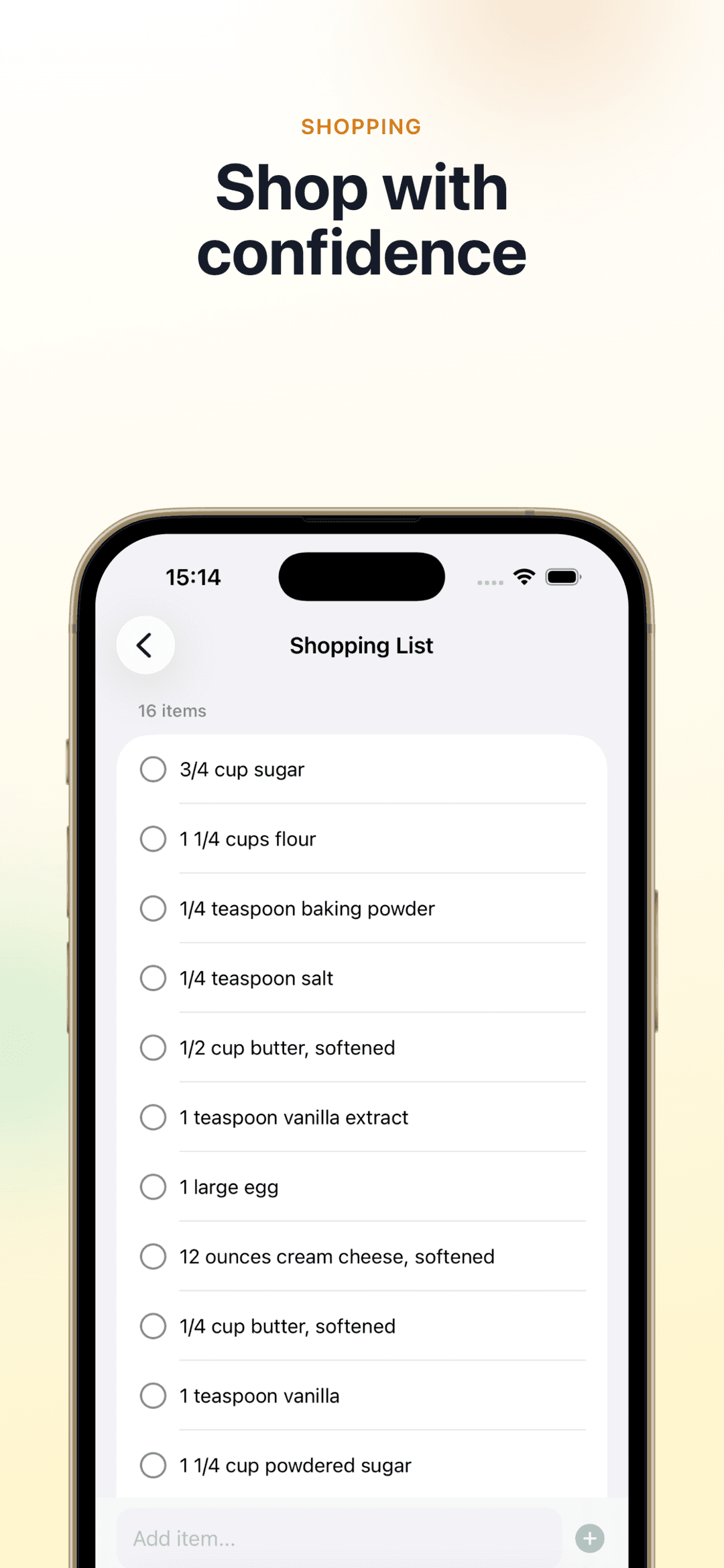 MealieCompanion shopping list view with items grouped by label for easy in-store navigation